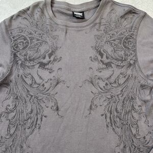 Vintage MMA Elite Skull Waffle Thermal Shirt Mens XL Y2K Long Sleeve Gray